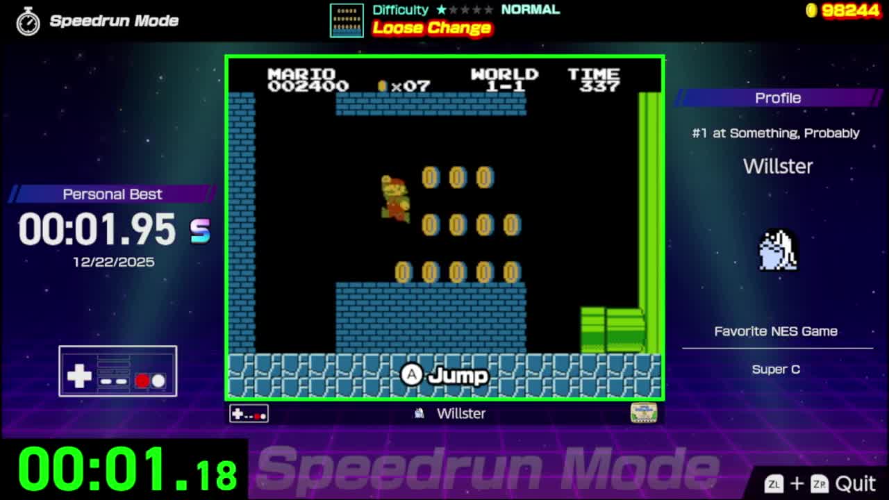 Submission Watch: Willster posts Super Mario Bros Loose Change - 01.880 on Nintendo World Champio...